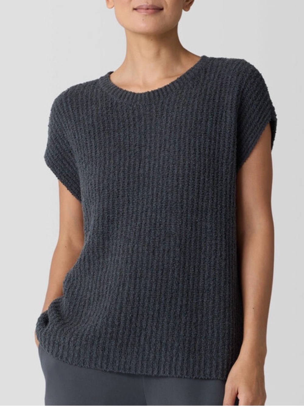 Eileen Fisher Cotton Fluff Crew Neck Boucle Sweater Vest in Charcoal Gray